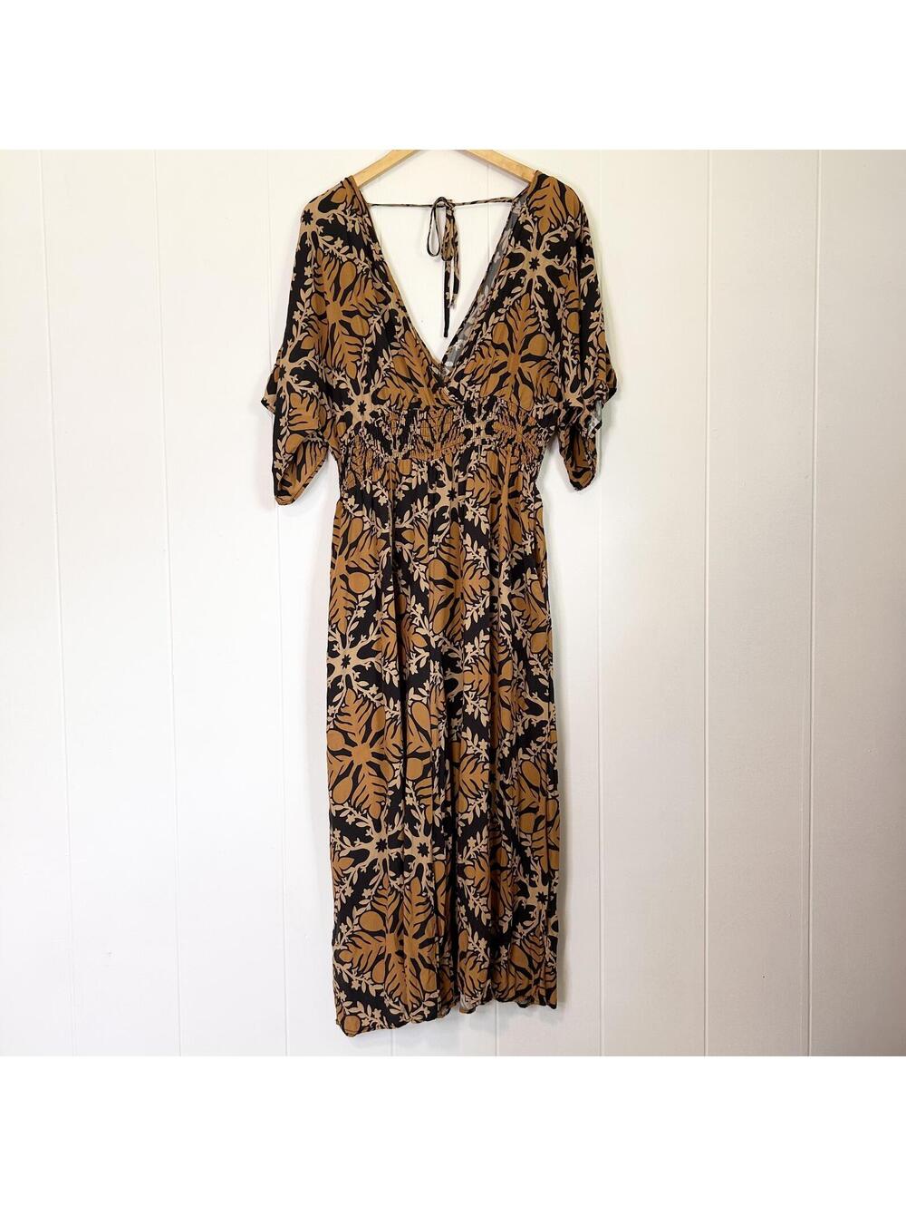 Lexbreezy Hawaiian Print Quilt Open Back Long Sleeve Jumpsuit Women's XL